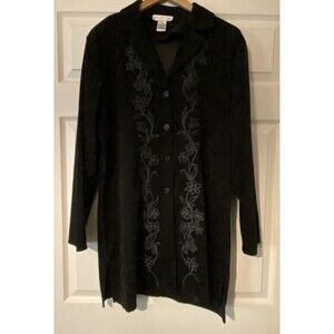 Susan Graver Size Large black embroidered floral long sleeve button up jacket